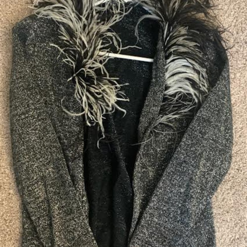 VINTAGE Elinor Gay Black & Silver Feather Cardigan Size 8